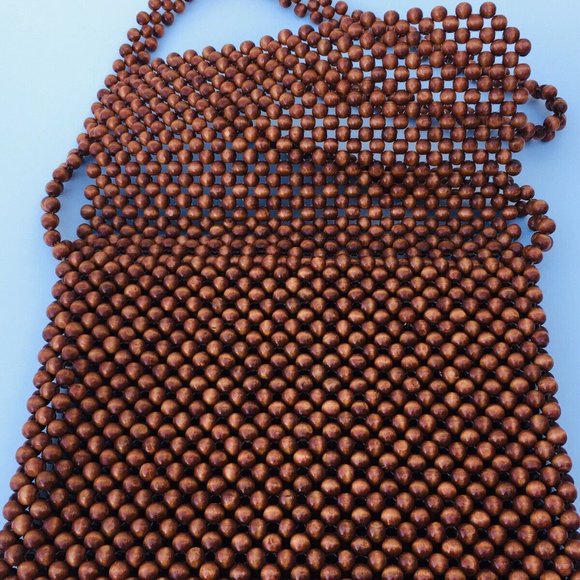 Vintage Hand Made Brown Wood Beaded Evening Shoulder Handbag Long Strap Bag - Picture 3 of 12